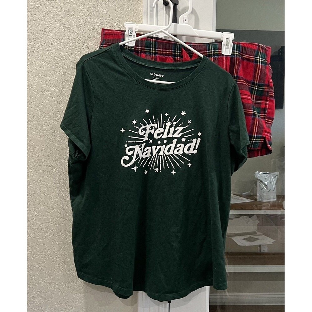Old Navy Women’s X-Large Feliz Navidad Christmas Pajama Set Plaid Shorts Holiday